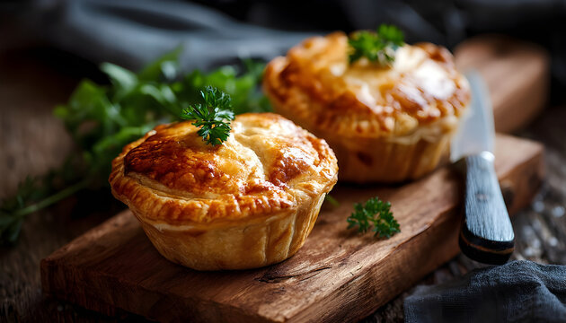 Close-up top view of a traditional Australian meat mini pie on a wooden board with a rustic style, set on a table background with copy space