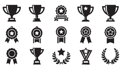 Set of victory achievement icons and trophies isolated on transparent background