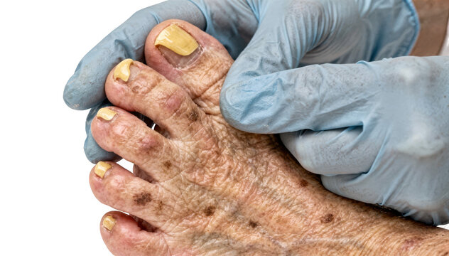 Closeup of a clinicians hands examining thickened curved toenails on an elderly persons foot during a primary care checkup isolated on white background.
