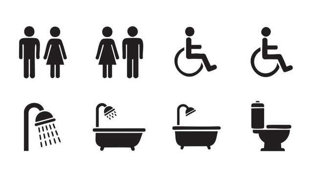 Vector icons of diverse people and accessible bathroom facilities