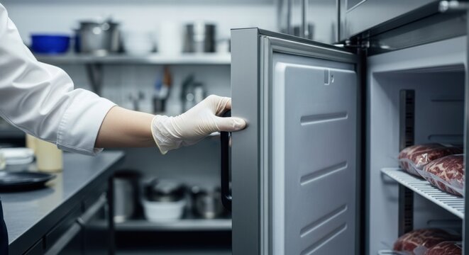 Cook hand in white glove opening freezer door to take frozen meat packages, vacuum sealed beef storage in commercial kitchen.