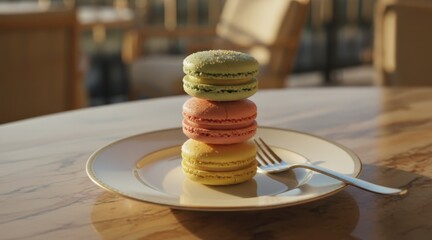 Green, pink, and yellow macarons stacked on a plate with a fork in warm outdoor lighting.