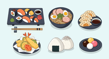 Assorted Japanese Dishes and Sushi.