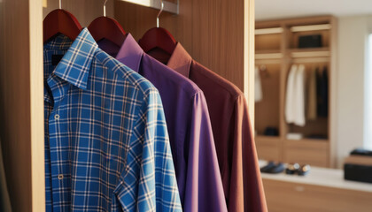 Three dress shirts, blue plaid and solid colors, hanging on wooden hangers in a luxury walk in closet.