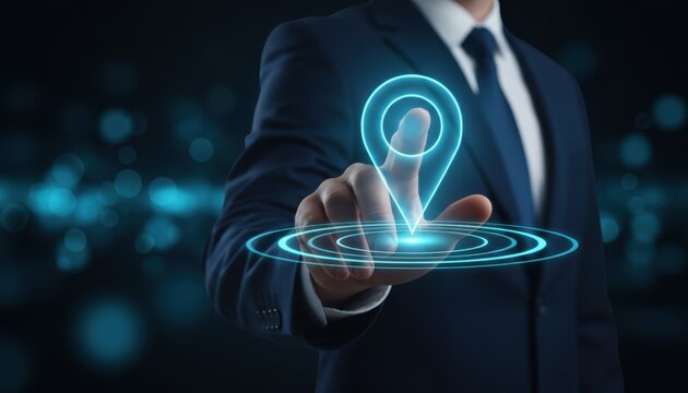 Businessman in dark suit touching glowing blue location pin icon with digital ripple effect on dark background - Powered by Adobe
