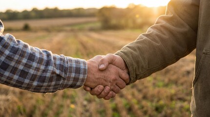 Farmers handshake in agricultural field at sunset, partnership concept