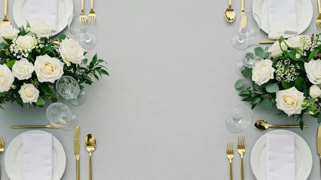 Elegant wedding table setting with white rose flower arrangement, gold cutlery, and empty plates for celebration decor