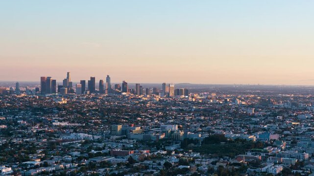 Los Angeles Downtown Sunset Cityscape from Griffith Park Time Lapse Pan R California USA