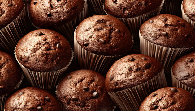 Chocolate muffins with detailed surface texture, suitable for bakery packaging or culinary layout