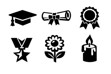 Ceremony Icons Set. Ceremony icon set in silhouette bold style. Contain Graduation Cap, Diploma, Ribbon, Medal, Flower, Candle