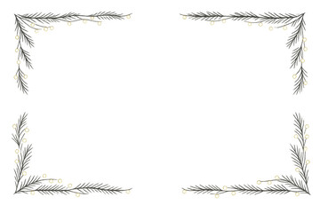 Christmas winter holiday frame with evergreen pine tree branches and glowing fairy lights, transparent background