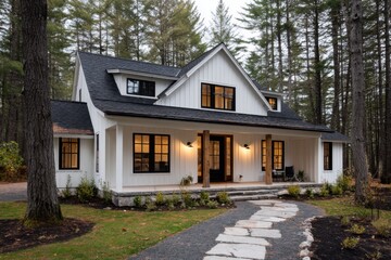 Newly built house surrounded by trees with a clear path leading to the entrance during the late afternoon in a quiet setting