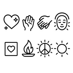 Obraz premium Emotional Stress Icons. Emotional Stress Relief set in outline vector style: heart shimmer, supportive hands, comforting gesture, empathy ripple, gratitude note, calming flame, peace aura, gentle glow