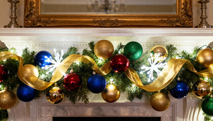 Christmas mantel decoration with pine garland and colorful ornaments. Festive fireplace decor with gold ribbon, blue, red and green baubles. Holiday home interior background