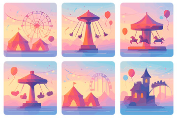 Whimsical Carnival Scene. Magic Midway vector set in modern flat style : whimsical ride silhouettes, glowing tents, soft shadow bands, ambient haze, pastel sky