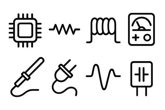 Electrical Engineering Icons. Electrical Engineer set in outline vector style: circuit chip, resistor symbol, wiring coil, voltage meter, soldering iron, power plug, waveform line, capacitor icon