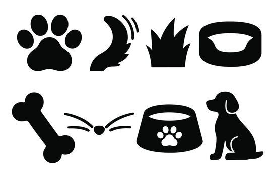 Pet Icon Set. Pet Friends icon set in silhouette bold style. Contain paw print, wagging tail shape, soft fur tuft, cozy bed icon, playful bone, gentle whisker arc, treat bowl, friendly silhouette