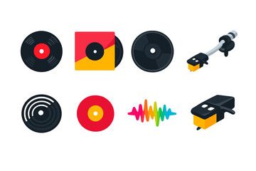Minimalist Vinyl Icons. Vinyl basics vector set in modern flat style : vinyl record, record sleeve, turntable platter, tonearm, stylus needle, grooves icon, center label shape, sound wave