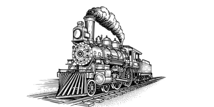 Vintage Steam Locomotive Train Vector - Classic Railway Engine with Tracks Engraving Style Line Art