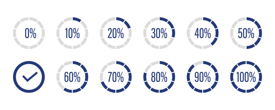 Circular progress indicators with percentages and checkmark isolated on transparent background