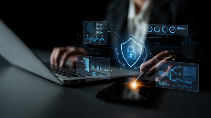 A futuristic cybersecurity dashboard for a Security Operations Center (SOC). The system monitors the network, analyzes data for threats, and provides comprehensive protection. Fermion