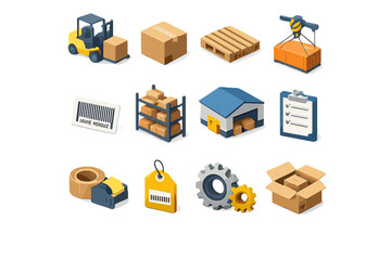 Warehouse Icon Set. Warehouse Shipping set in isometric flat vector : forklift, box, pallet, crane, barcode, shelf, warehouse, clipboard, tape, label, gear, package
