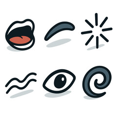 Isometric Expression Icons. Expression set in isometric flat vector : open mouth icon, raised brow shape, spark burst, flowing line, emotive eye, dynamic swirl