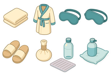 Isometric Relaxation Icons. Steamrise Relaxation Items set in isometric flat vector : towel, bathrobe, slippers, eye mask, herbal compress, bath mat, water bottle, soft pillow