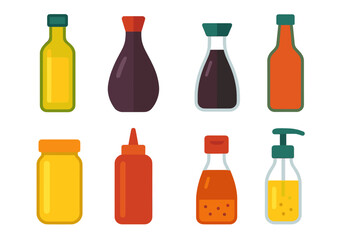 Colorful Condiment Icons. Spiceblend Condiment Bottles vector set in modern flat style : olive oil bottle, vinegar bottle, soy sauce bottle, hot sauce bottle,