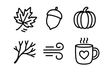 Autumn Icons. Seasonscape autumn set in outline vector style: falling leaf, acorn, harvest pumpkin, wind gust, bare branch, cozy mug