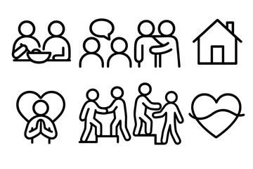 Family Caregiving Icons. Family Caregiving set in outline vector style: shared meal bowl, conversation bubble, guiding arm, warm embrace symbol, tidy home icon,