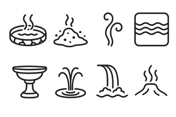 Thermal Pool Icons. Warm Springs Hot Water Elements set in outline vector style : thermal pool, bubbling spring, steam swirl, ripple tile, mineral basin, water jet, waterfall stream, thermal vent