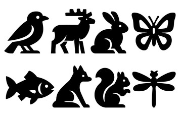 Brutalist Wildlife Icons. Wild Escape Wildlife icon set in silhouette bold style. Contain bird, deer, rabbit, butterfly, fish, fox, squirrel, dragonfly