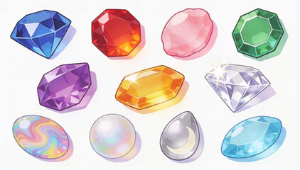 A set of precious stones with unique cut shapes and colors in a cartoonish, minimalist style. Vector graphics. EPS_03. © Dzianis