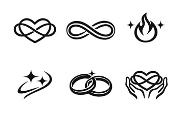 Infinity Love Icons. Endless loveset in outline vector style infinity heart, connected paths, steady flame, star glow, timeless bond, lasting promise