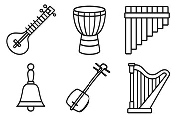 Traditional Instrument Icons. Traditional instrumentsset in outline vector style sitar, djembe drum, pan flute, shamisen, hand bell, wooden harp
