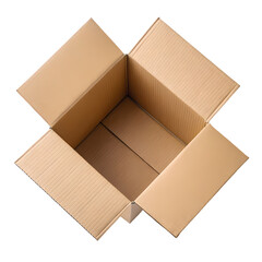 Open and empty brown corrugated cardboard box ready for packing or shipping on transparent background