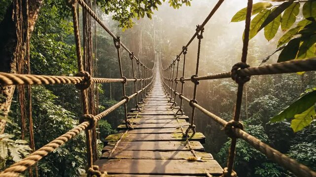 Rustic wooden suspension bridge through a misty tropical jungle, bathed in soft sunlight. An adventurous path into nature's tranquil, untouched beauty