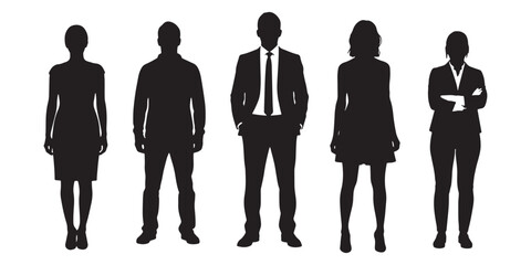 Set of professional men and women silhouettes, standing business people in smart casual and formal attire, businessman in suit and tie isolated on white background.
