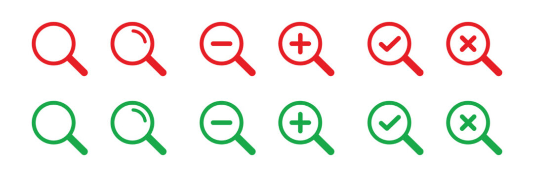 Red and green magnifying glass icons with zoom plus minus check isolated on transparent background