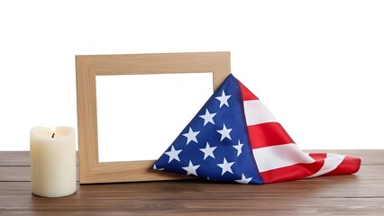 Obraz premium American flag and frame on wooden table with candle