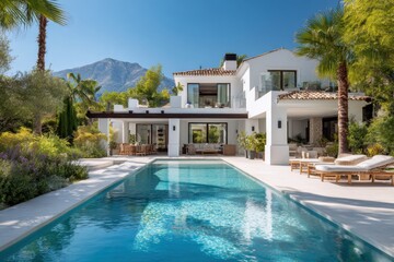 Fototapeta premium Bright sunny day at a modern villa with a swimming pool and lounge area surrounded by greenery and mountains in the background, offering a view of relaxing outdoor living