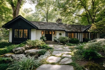 A delightful house nestled among lush trees features a charming stone path that guides visitors to its inviting entrance, all under the bright blue skies of a lovely day
