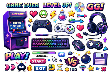 Gaming vector illustration set with game controllers, arcade machine, pixel text, Y2K and UI elements, headset, keyboard, mouse and symbols.