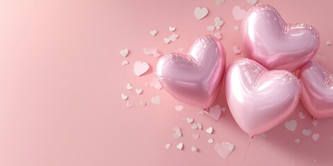 February 14 celebration backdrop featuring shiny heart balloons and scattered confetti, ideal for invitations, banners, and social posts