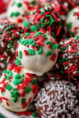 Festive chocolate truffles with Christmas sprinkles, holiday dessert background