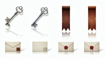 Vintage keys and other objects isolated on white background