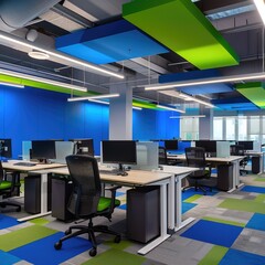 Modern open space office interior with colorful acoustic panels and workstations