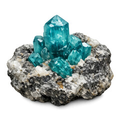 High-quality isolated apatite crystal with a vivid blue-green color, realistic natural transparency, and glossy vitreous luster. The mineral is shown as a pure crystal without rock matrix, isolated on