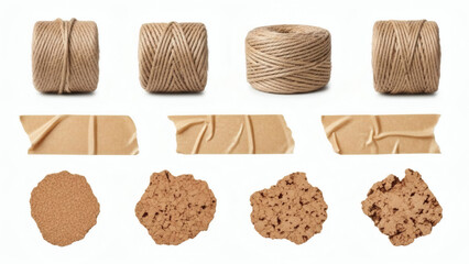 Set of ropes, paper and tape background.